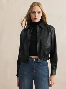 BizChic Black PU Elastic Hem Fitted Long Sleeve Jacket - Black - View 5