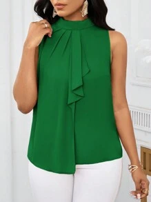 SHEIN Lady Blusa corta de verano sin mangas con hombros abiertos y volantes en color rosa para mujer - Verde - Ver 3