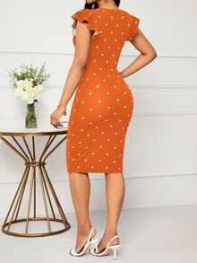 SHEIN Lady Office Dress V-Neck Polka Dot Print Wrap Around Ruffle Hem Elegant Dress - Yellow - View 2