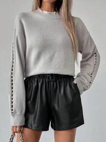 SHEIN LUNE Pull décontracté à col rond avec décoration de perles de faux-perles, printemps et automne, tricot pull automne hiver - Gris pâle - Voir 1