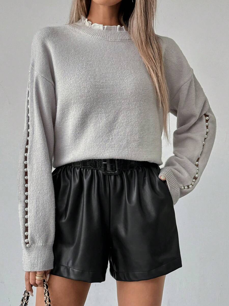 SHEIN LUNE Pull décontracté à col rond avec décoration de perles de faux-perles, printemps et automne, tricot pull automne hiver - Gris pâle - Voir 1