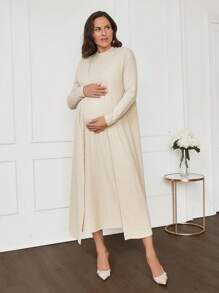 MaterniWear 2 件孕妇休闲套装：长袖飘逸开衫夹克和连衣裙，秋冬 - 杏色 - 查看 7