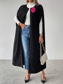 SHEIN LUNE 女士 3D 花朵无袖长款背心羊毛夹克 - 黑色 - 查看 3