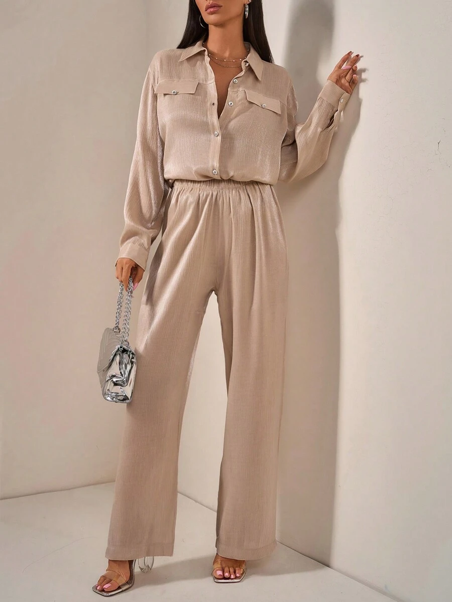 RueChic Cotton Pleated Shiny Special Textured Fabric Pocket Detailed Long Sleeve Shirt & Relaxed Fit Pant Stylish Two Piece Outfit