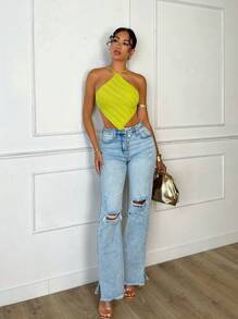 SHEIN BAE Lime Green Chic Elegant Summer Party Striped Lace Up Backless Asymmetrical Hem Knit Top,Women's Rave Festival Outfits,One Piece Swimsuit&Bikini Tops - Green - View 5