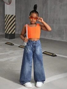 SHEIN Tween Girls Y2K 2000s Retro Washed Baggy Casual Denim Wide Leg Jeans ,Girls Fall Clothes Back To School Streetwear Outfits - Medium Wash - View 3