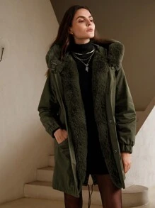Anewsta Abrigo acolchado con cuello de piel gruesa y capucha, de largo medio y versátil - Verde militar - Ver 4
