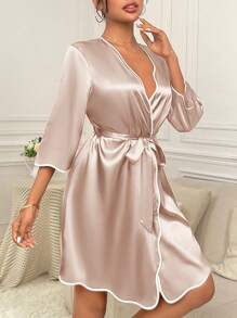 Moireta 女士V领撞色滚边系腰长袍，奢华家居服，秋冬款 - 香檳色 - 查看 3