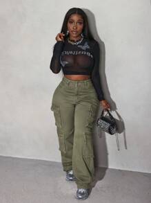 Slaydiva Petos vaqueros con bolsillo para mujer, pantalones cargo de mujer color verde militar, pantalones vaqueros holgados, pantalones holgados de mujer, pantalones de otoño para mujer - Verde militar - Ver 4
