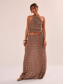 MUSERA Áo croptop cổ cao mềm mại, xếp ly, thích hợp cho kỳ nghỉ hè, lễ hội Ibiza, mùa xuân, lễ Phục sinh, thanh lịch, ngày lễ. - màu nâu - Xem 5