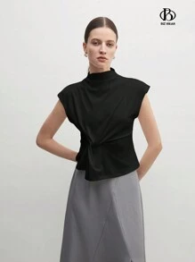 BizChic Women's Elegant Mock Neck Twist Front Sleeveless Top, Teacher T-Shirt, Autumn Tee - Black - View 1