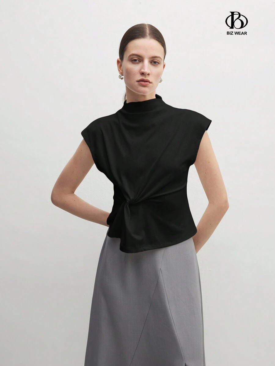BizChic Women's Elegant Mock Neck Twist Front Sleeveless Top, Teacher T-Shirt, Autumn Tee - Black - View 1