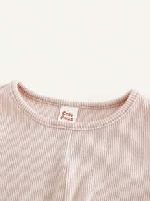 Cozy Pixies 2pcs Baby Girl Solid Color Knitted Soft Round Neck Long Sleeve Pullover Top And Wide Leg Pants Set - Khaki - View 10