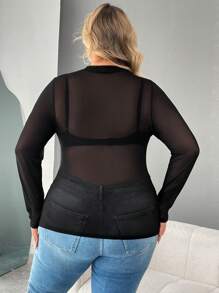 SHEIN CURVE+ Curve Plus Mock Neck Sheer Mesh Top Without Tube, For Winter - Black - View 2