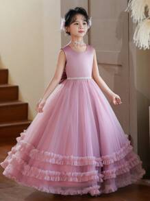 SHEIN Tween Girls' Luxury Fashion Chiffon Dress, Elegant Princess Style Dress Ball Gown For Piano Performance And Hosts - Pink - View 6