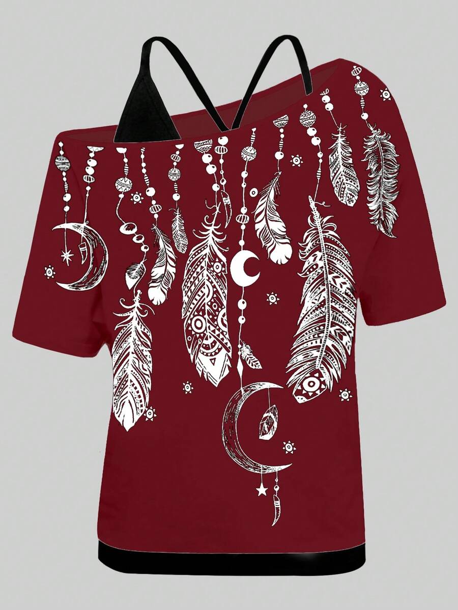 SHEIN LUNE 羽毛印花不對稱領口拼接2合1夏季假期T恤