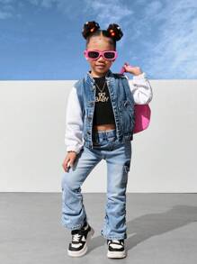 Girls Y2K Fashion Stone Washed Flare Jeans With Ruffle And Fold Over Pockets - Light Wash - View 6