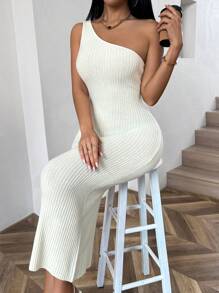 Chiquease French Fashionable Versatile Asymmetrical Neck Backless Knit Dress - White - View 6