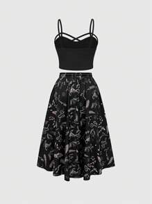 ROMWE 2pcs/Set Plus Size Women Gothic Floral Print Strap Tank Top And Elastic Waist Midi Skirt, Boho Style - Black - View 2
