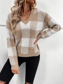 Chiquease V-Neck Long Sleeve Classic Plaid Sweater, Knit Pullover Fall Winter - Khaki - View 4