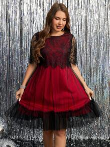 SHEIN Clasi Plus Size Zwarte Kant Contrast Mesh Elegante Zomerjurk