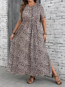 SHEIN VCAY Plus Size Leopard Print Short Sleeve Round Neck Holiday Dress - Multicolor - View 1