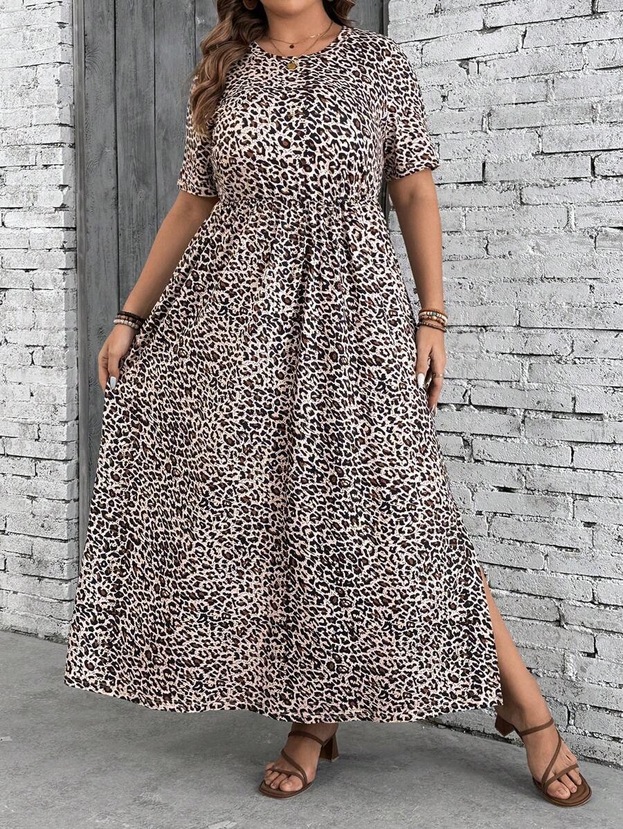 SHEIN VCAY Plus Size Leopard Print Short Sleeve Round Neck Holiday Dress - Multicolor - View 1