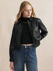 BizChic Black PU Elastic Hem Fitted Long Sleeve Jacket - Black - View 1