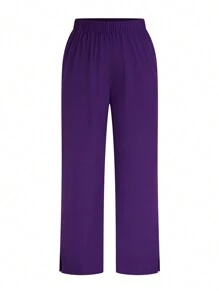 TaskEZ Plus Size Solid Color V-Neck With Pockets Short Sleeve Top And Pants Uniform Scrub Set - Purple - View 11