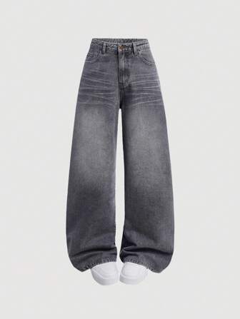 SHEIN Girlism Y2k 复古宽松牛仔裤 阔腿牛仔裤 原宿 Kpop 街头服饰 长裤 复古 2000 年代风格 青少年女孩春季装、女孩秋季服装 返校装