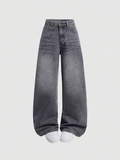 SHEIN Girlism Y2k 复古宽松牛仔裤 阔腿牛仔裤 原宿 Kpop 街头服饰 长裤 复古 2000 年代风格 青少年女孩春季装、女孩秋季服装 返校装