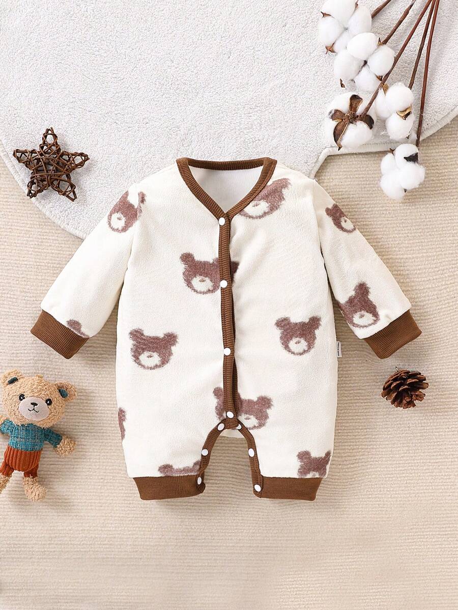 SHEIN Infant Boys' Beige Cute Bear Pattern Fleece Jumpsuit With Buttons, Long Sleeve - Apricot - View 1