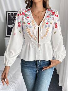 SHEIN LUNE Blusa de manga larga con cuello en V, lazo delantero, estampado floral y volante en el bajo