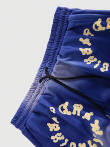 ROMWE MEN Street Life 2pcs Men's Letter Print Hooded Sweatshirt And Drawstring Shorts Casual Outfit, Spring/Fall - Blue - View 8