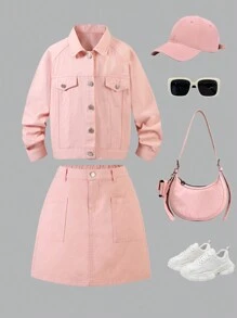 2pcs Pink Loose Long Sleeve Blouse + Loose Simple Pink Denim Skirt Set, For Teenage Girls, Spring/Autumn - Pink - View 1