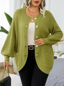 Calvaya 大码女式纯色简约长袖开衫，适合冬季 - 橄欖綠 - 查看 3