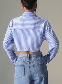 SHEIN EZwear 女式春夏条纹长袖实用口袋短款休闲衬衫 - 藍色 - 查看 2