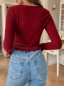 SHEIN Frenchy 纯色蕾丝边短款圆领粒纹面料T恤