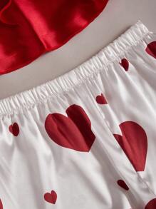 SHEIN 2件套丝质吊带背心，带结和心形印花阔腿裤睡衣套装 - 紅色 - 查看 7