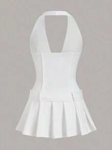 SHEIN ICON Y2k School Women Clothes Homecoming Dresses Date Night Dress Solid Color Halter Backless Metal Buckle Waist Cinching Wide Pleated Waist Belt Decor Sexy Sleeveless Dress - White - View 7
