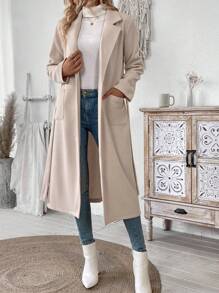 EMERY ROSE Áo khoác nữ cổ đứng tay dài màu trơn thanh lịch có hai túi, mùa đông - Màu Khaki - Xem 3
