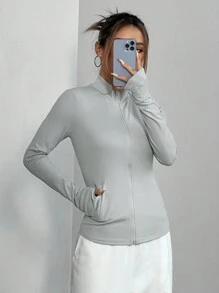 SHEIN Unity Chaqueta de mujer con cierre de cremallera, cuello alto y ajuste delgado, para 4 estaciones - Gris - Ver 1