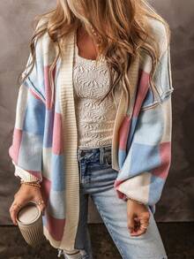 Acelitt Kolorowy damski kardigan w kratkę, kontrastowy kolor, luźny, swobodny, z długim rękawem, jesień/zima