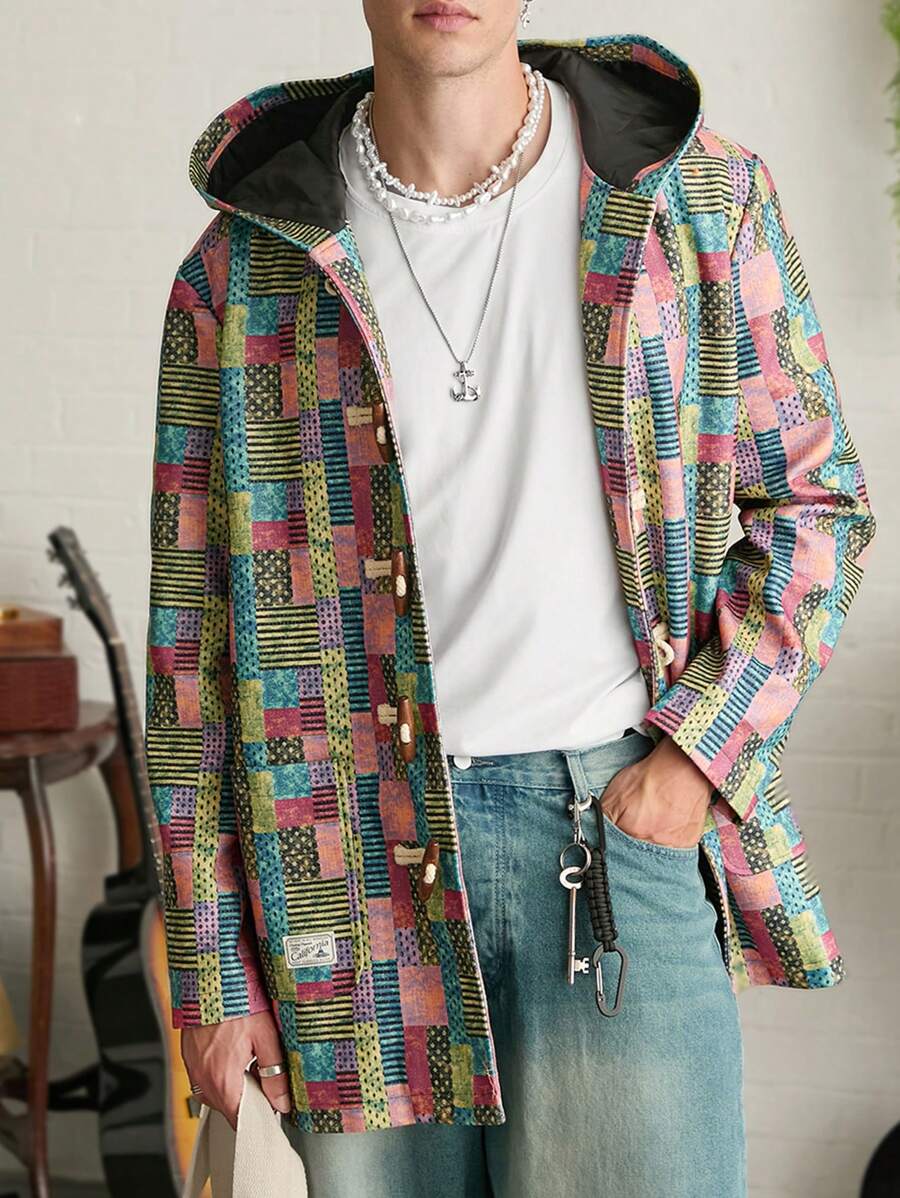 Manfinity NXTstreet 男士数码印花连帽长袖羊毛夹克,适合秋冬 - 彩色 - 查看 1