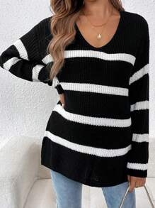 SHEIN Maternity Colorblock Striped Casual Long Sleeve Sweater, For Winter