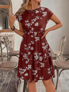 EMERY ROSE Vestido de verano de manga corta con cuello redondo y estampado floral diminuto - Burdeos - Ver 3