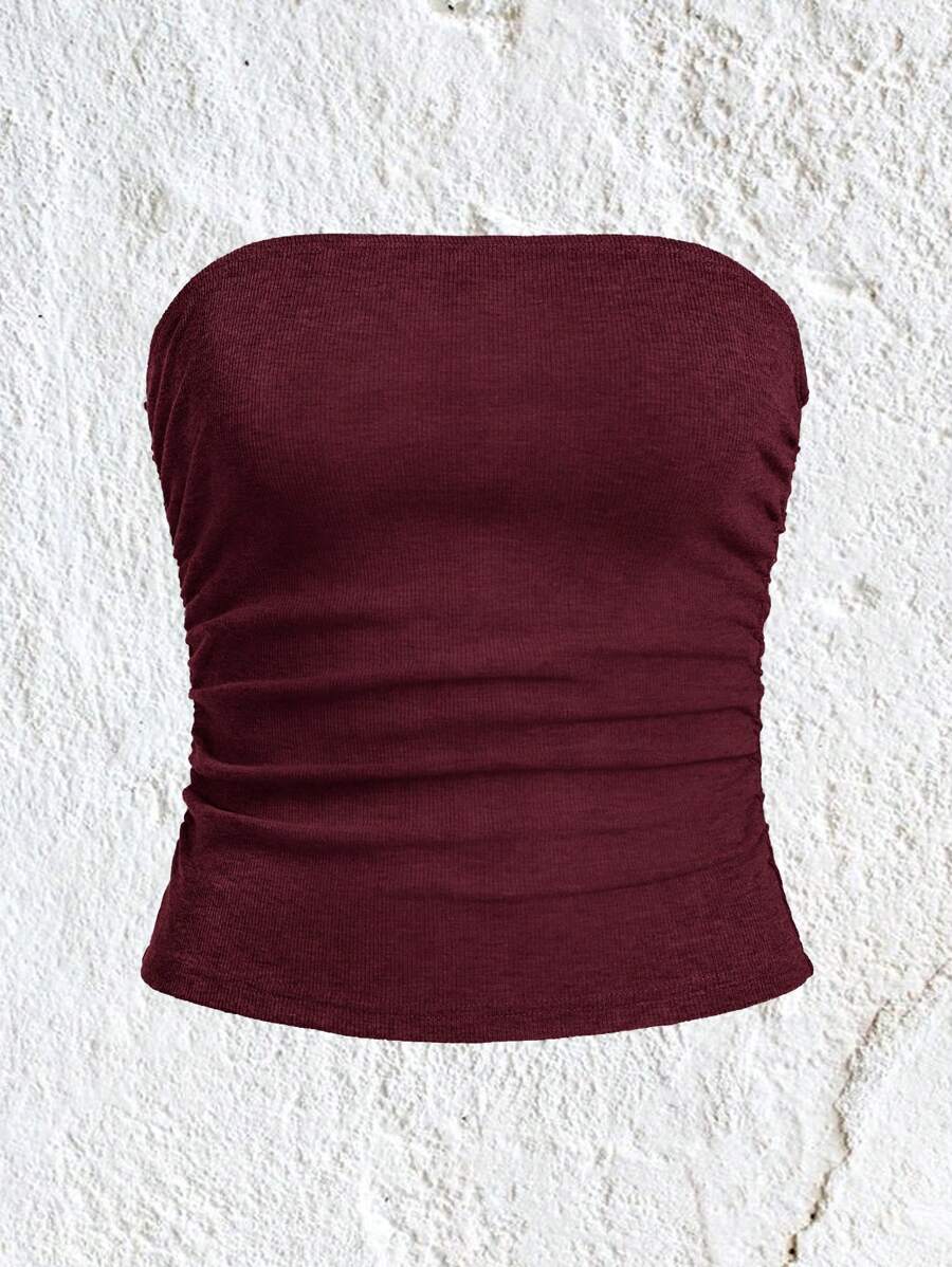 SHEIN EZwear Trang phục mùa hè Áo ống xếp nếp trơn - Màu Đỏ Sâu - Xem 1