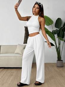 SHEIN EZwear 女式白色针织挂脖式褶皱后背短款上衣和松紧腰裤休闲两件套 - 白色 - 查看 6