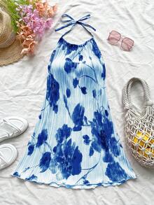 SHEIN VCAY 女式度假花卉孔眼刺绣印花深 V 领撞色花卉饰边不对称下摆吊带背心连衣裙，夏季 - 彩色 - 查看 3