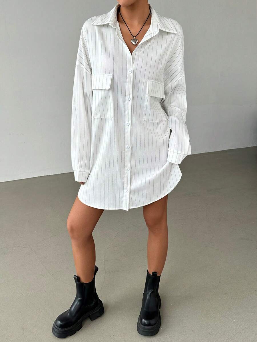 SHEIN EZwear Women's Button Collar Long Sleeve Pockets Striped Short Casual Dress - White - View 1